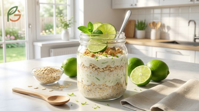Key lime pie overnight oats recipe providing 10g of fiber and sustained energy for a healthy morning.