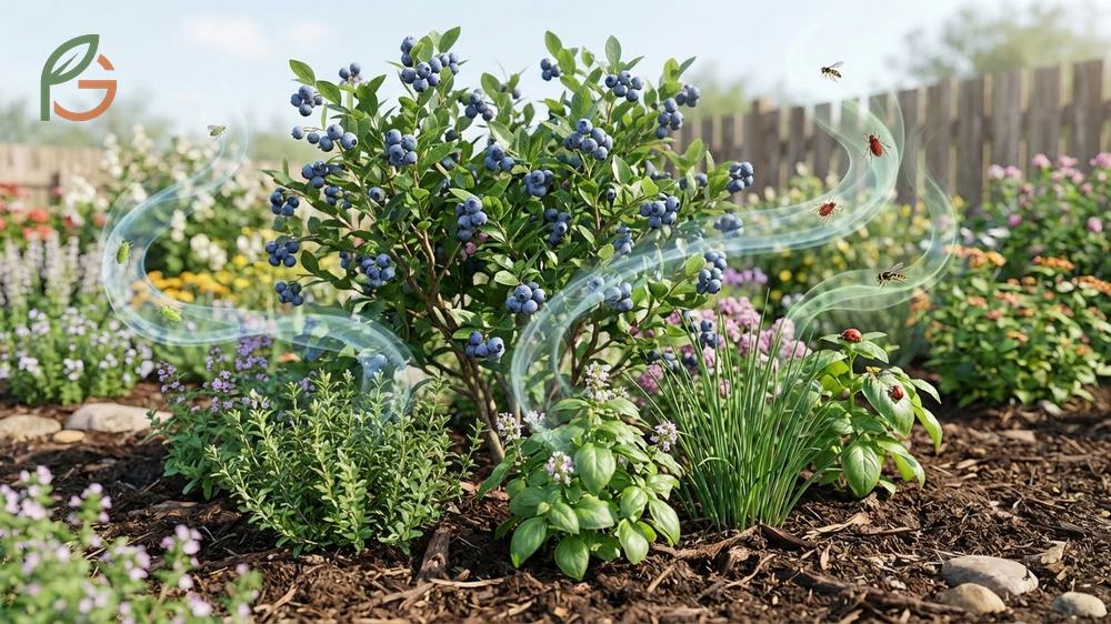 Flowering companion plants attracting beneficial insects like ladybugs to protect blueberries from pests.