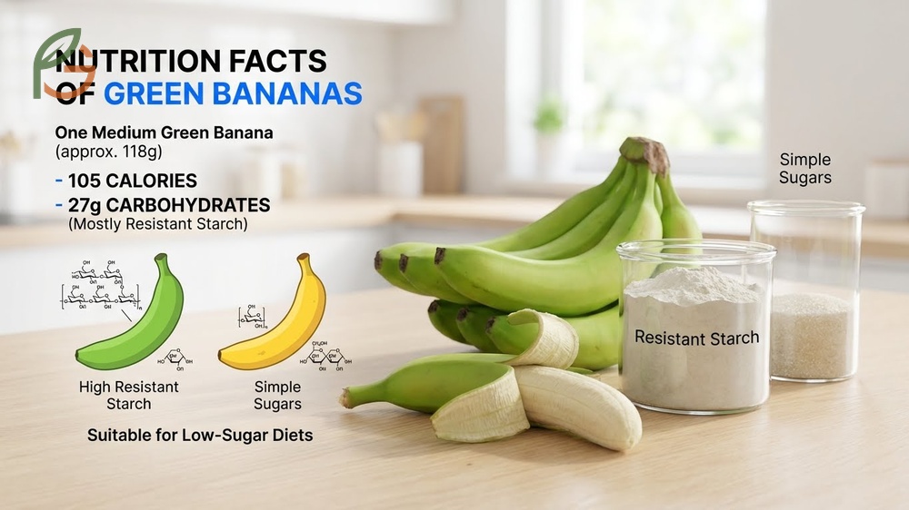Nutrition facts of green bananas showing 105 calories and high potassium content per medium fruit.