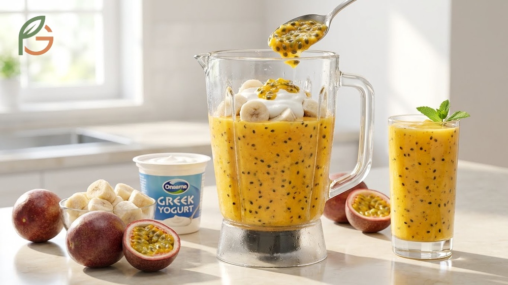 Passion fruit seed edible smoothies offer a tropical flavor and 20g protein when blended with yogurt and banana.