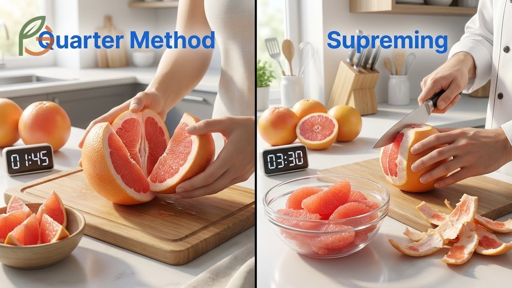 Peeling grapefruit method comparison between the fast quarter cutting approach and the precise scoring technique.