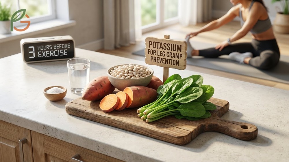 Foods high in potassium for leg cramps include baked potatoes and spinach consumed to prevent muscle fatigue.