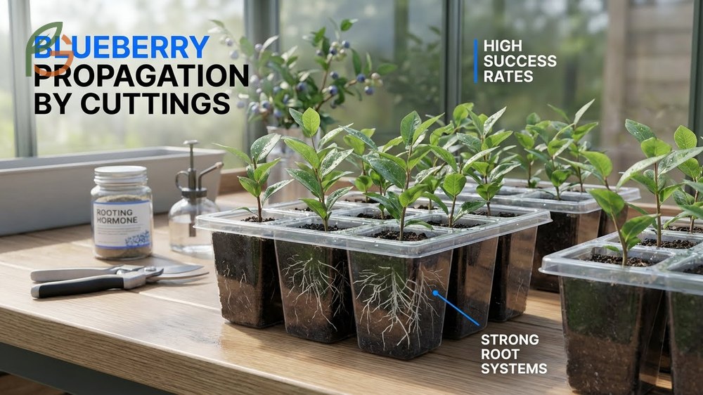Propagating blueberry cuttings using vegetative methods to create genetic clones of parent plants.
