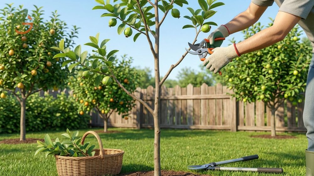 Pruning the guava tree helps shape the canopy and stimulates new growth for better fruit production.