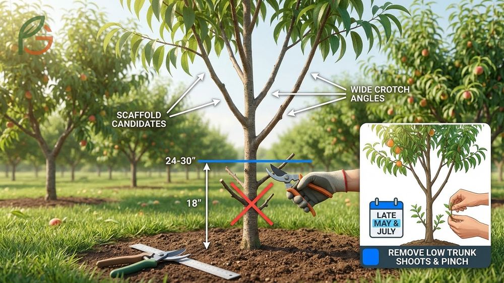 How to prune a young peach tree starts with heading the tree to 24 to 30 inches at planting.