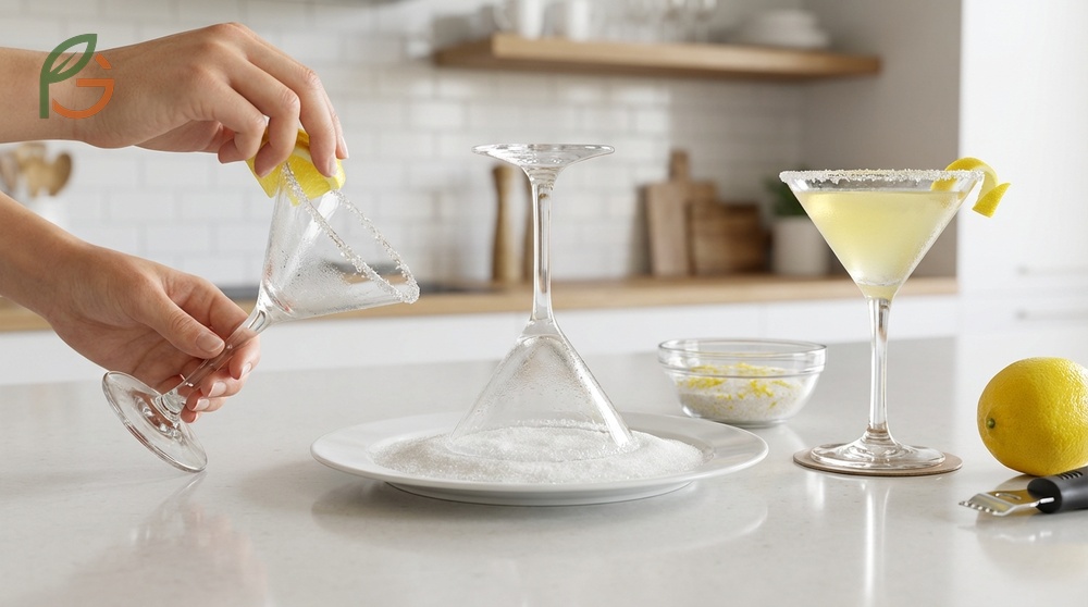 Rimming sugar technique using a lemon wedge to coat the glass edge with granulated sugar for texture.