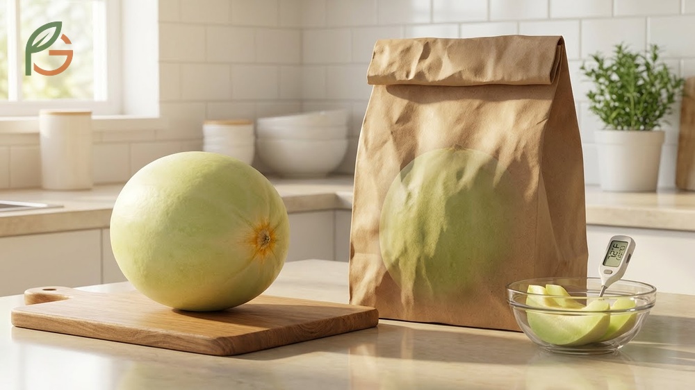 How to ripen honeydew melon using a paper bag to trap ethylene gas and accelerate softening naturally.