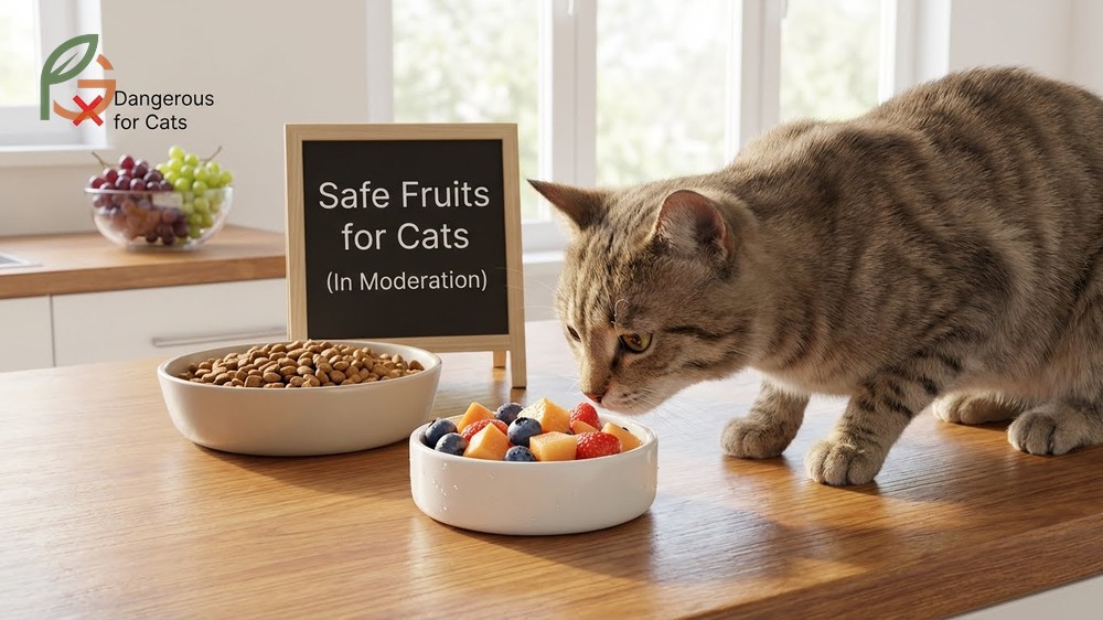 Safe fruits for cats include blueberries and seedless watermelon as better alternatives to sour cranberries.