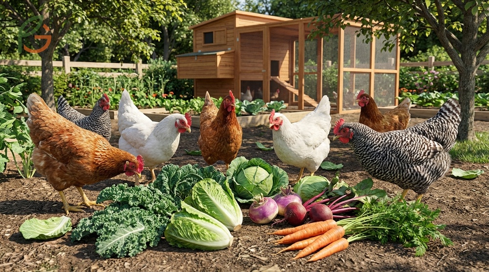 Vegetables safe for chickens infographic listing kale carrots and squash as healthy garden treats.