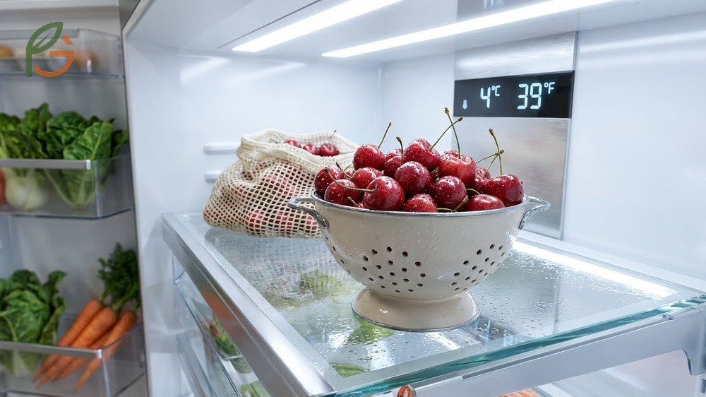 How to store cherries in the refrigerator using breathable containers lined with paper towels to absorb excess moisture.