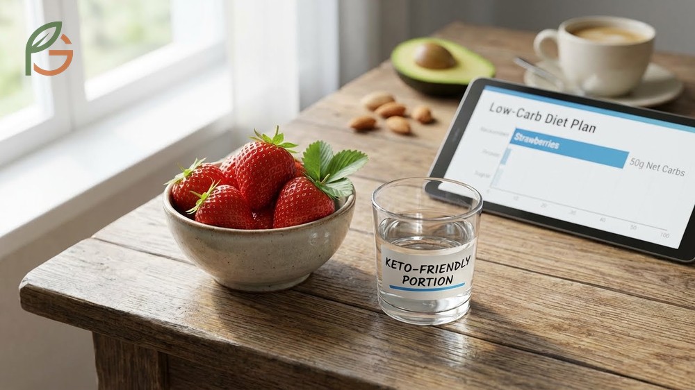 Strawberries paired with high fat foods like cream to slow absorption and maintain ketosis on a low carb diet.