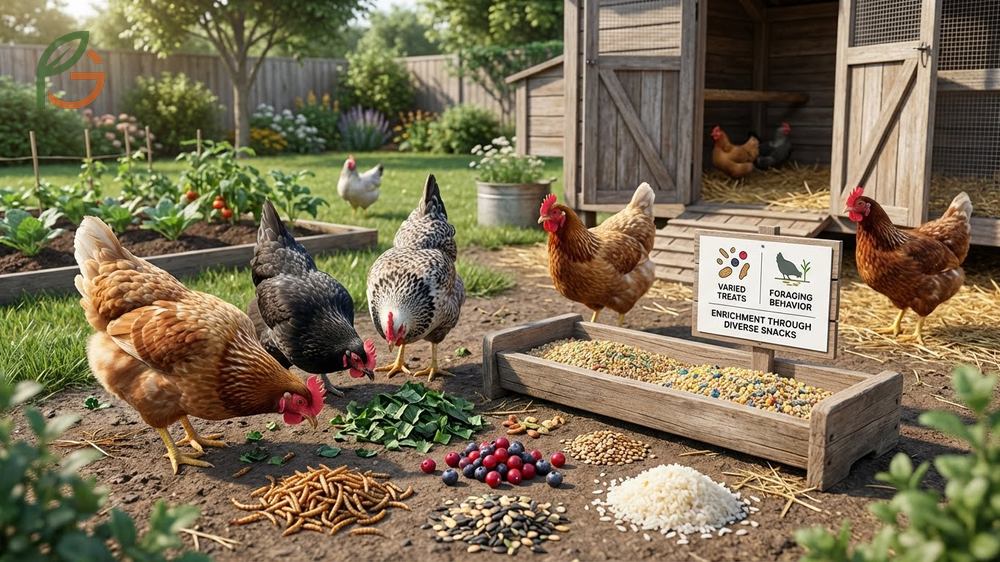 Treats for chickens like leafy greens and mealworms provide enrichment while maintaining commercial feed balance.