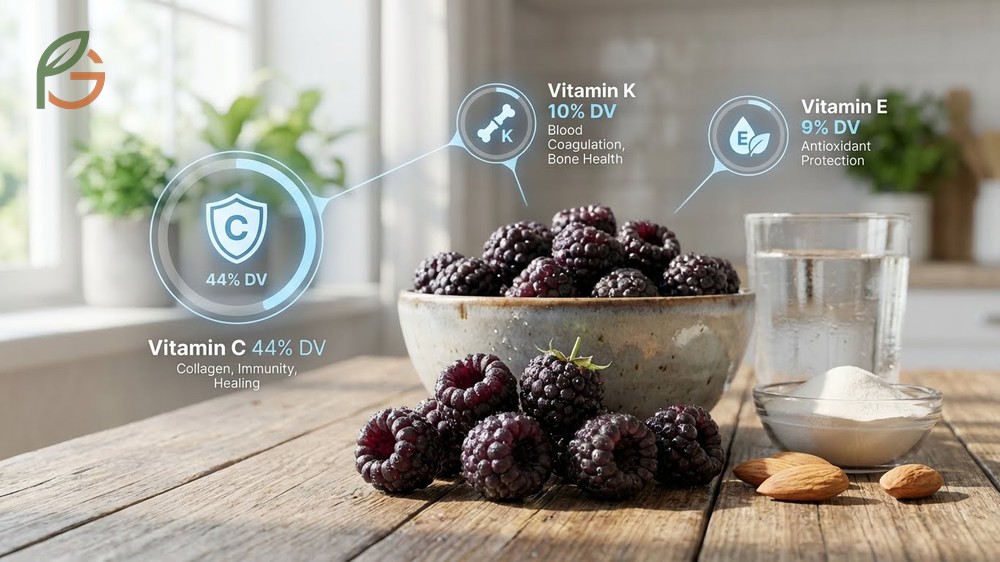 Vitamin content in black raspberries featuring high levels of vitamin C, copper, and vitamin K.