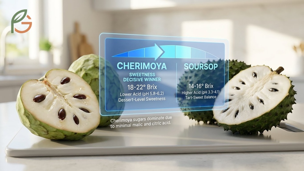 Which fruit sweeter comparison highlighting cherimoya brix levels of 18-22 degrees versus soursop at 14-16 degrees.