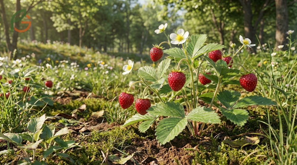 Wild strawberry plant features including white flowers and small red berries compared to mock strawberries.