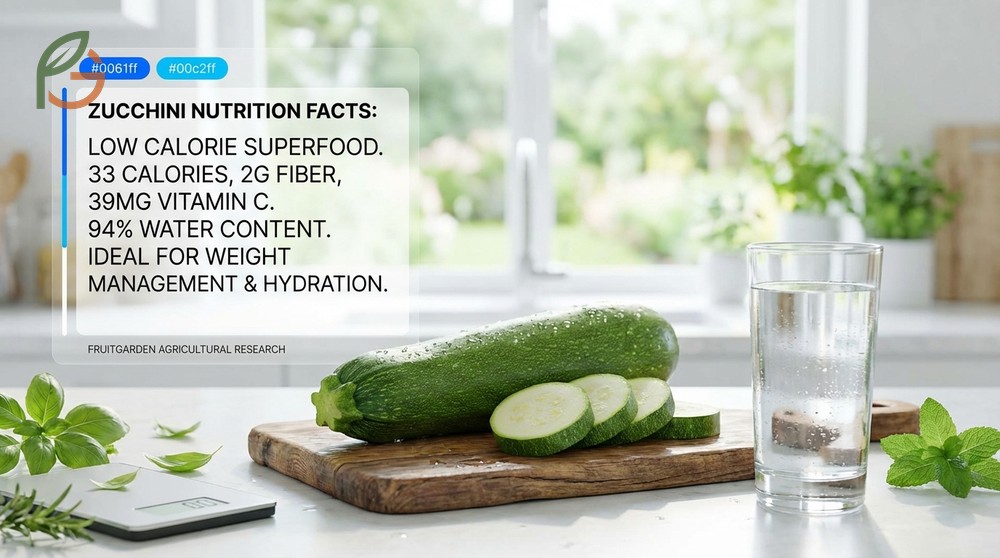 Zucchini nutrition facts highlighting 33 calories and 39mg vitamin C per medium vegetable for healthy diets.