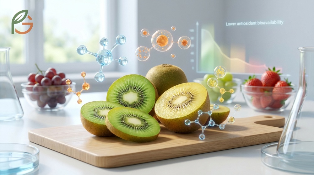 Antioxidants in kiwi fruit like vitamin E and polyphenols work together to protect cells from oxidative stress.