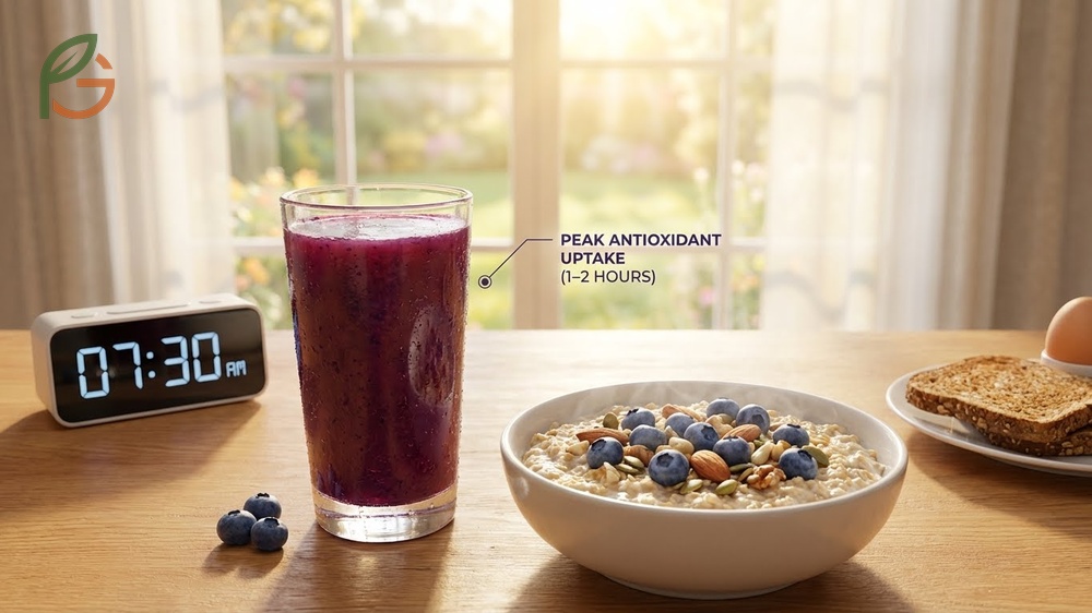 Best time to drink blueberry juice is with morning meals or post workout to maximize antioxidant absorption.