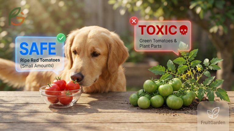 Can dogs eat tomatoes safety guide contrasting safe ripe red fruit with toxic green plant parts.