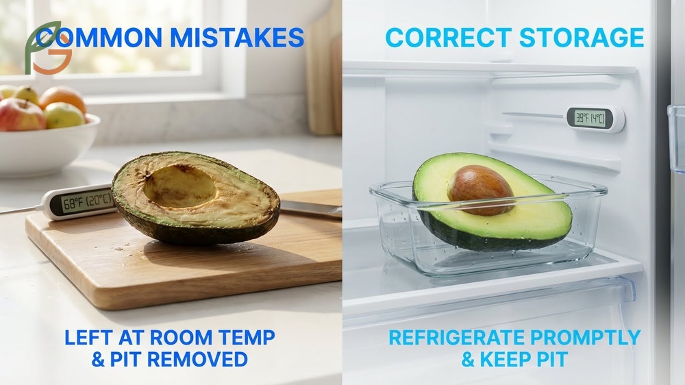 Common storage mistakes to avoid such as leaving cut avocados at room temperature or removing the pit unnecessarily.