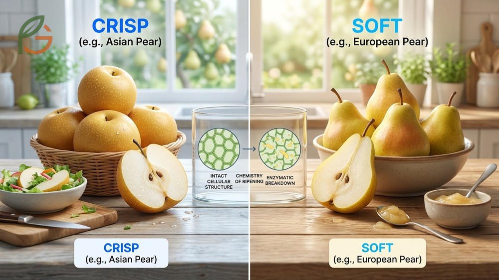 Crisp vs soft pears texture analysis showing lignin levels and cellular structure differences.