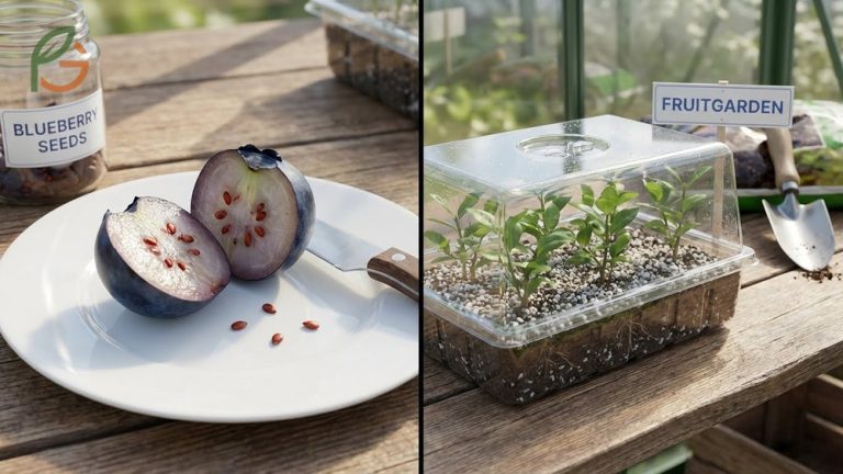 Close-up cross section of a ripe blueberry revealing the tiny reddish-brown seeds embedded within the flesh.