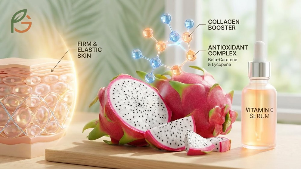 Dragon fruit benefits for skin include boosting collagen with vitamin C and antioxidants to reduce signs of aging.
