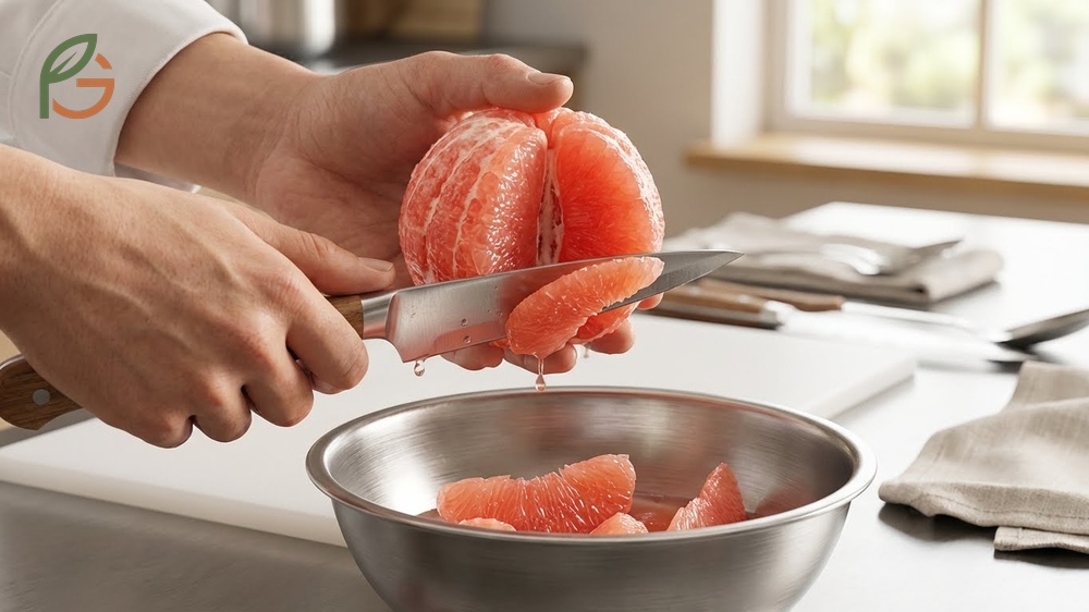 Grapefruit supremes method demonstrating how to remove all bitter pith and membrane for pure fruit segments.