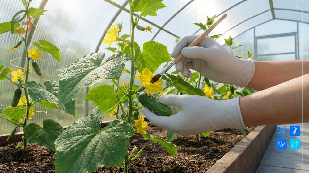 Hand pollination cucumbers using a brush to transfer pollen from male anthers to female stigmas between 6 AM and 10 AM.
