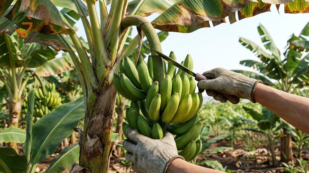 Harvesting bananas when fruit turns light green and flowers rub off ensures optimal ripening off the plant.