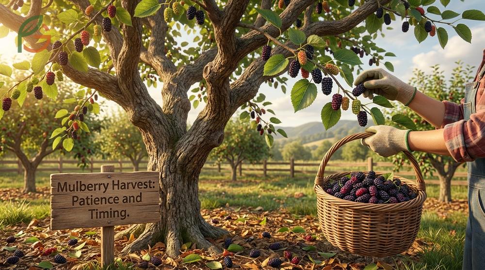 Harvesting mulberries involves shaking branches gently to release only the fully ripe berries onto a sheet.