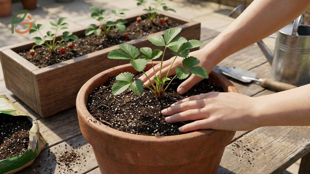 How to grow strawberries in containers involves planting crowns at soil level using a nutrient-rich commercial potting mix.
