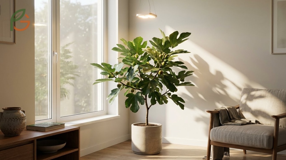 Fig tree indoor plant needing six hours of bright light daily near a south facing window.