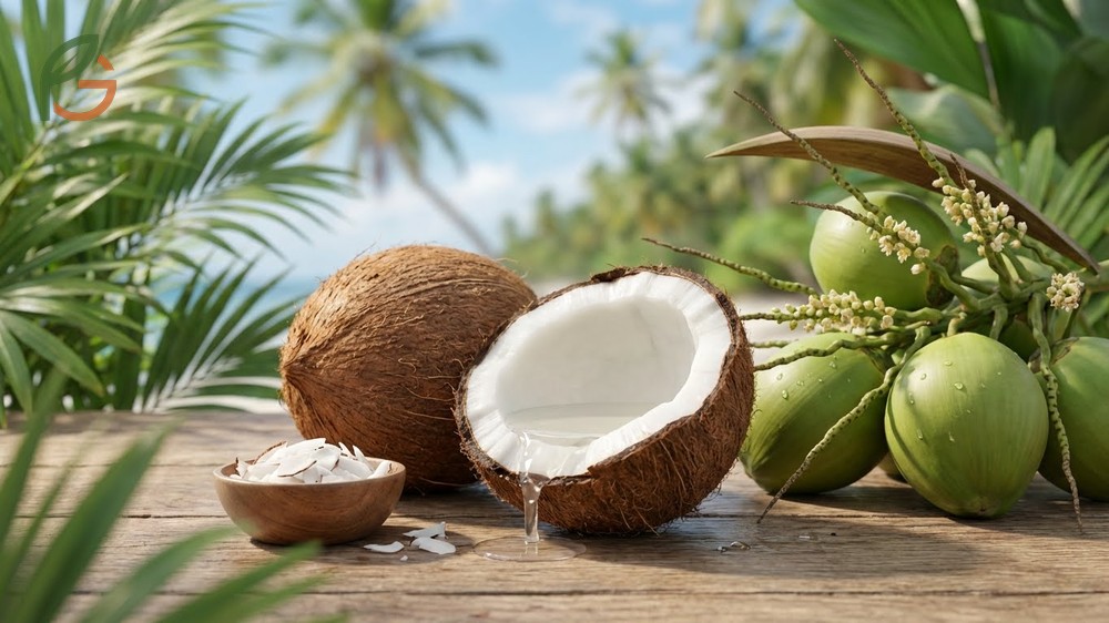 Is a coconut a fruit composed of three layers including the exocarp, fibrous mesocarp, and hard woody endocarp.