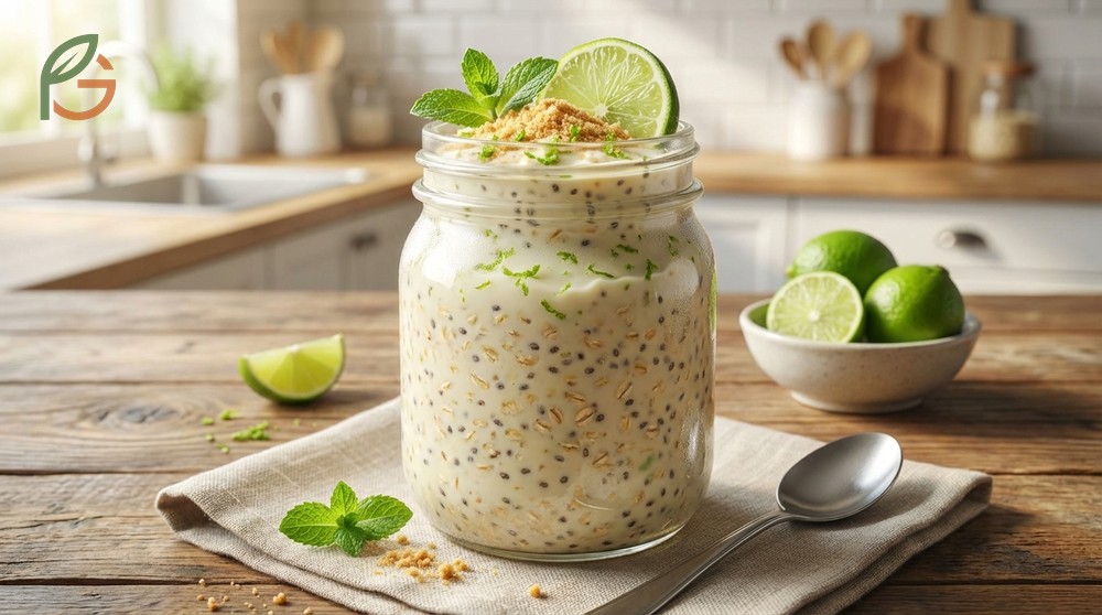 Key lime pie overnight oats combine rolled oats and fresh lime juice for 35% daily vitamin C intake.
