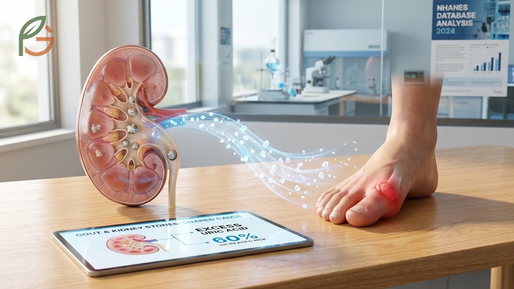Kidney stones and gout connection showing shared risks from excess uric acid accumulation in the body.