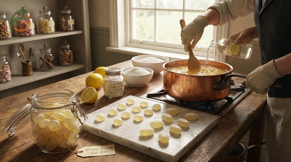 Lemon drop candy history dating back to 19th-century England using boiled sugar and lemon flavor.