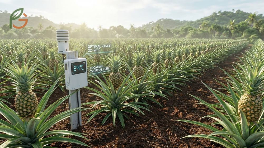 A commercial pineapple field illustrating optimal cultivation conditions with full sun and drainage.