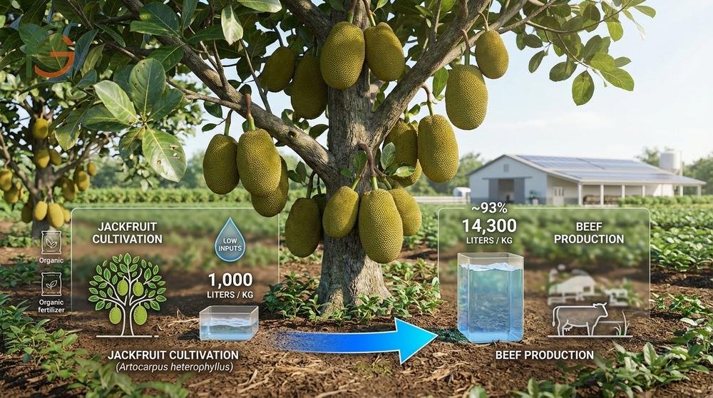 Plant based substitute jackfruit cultivation requires significantly less water and fertilizer compared to beef production for sustainable eating and environmental protection.