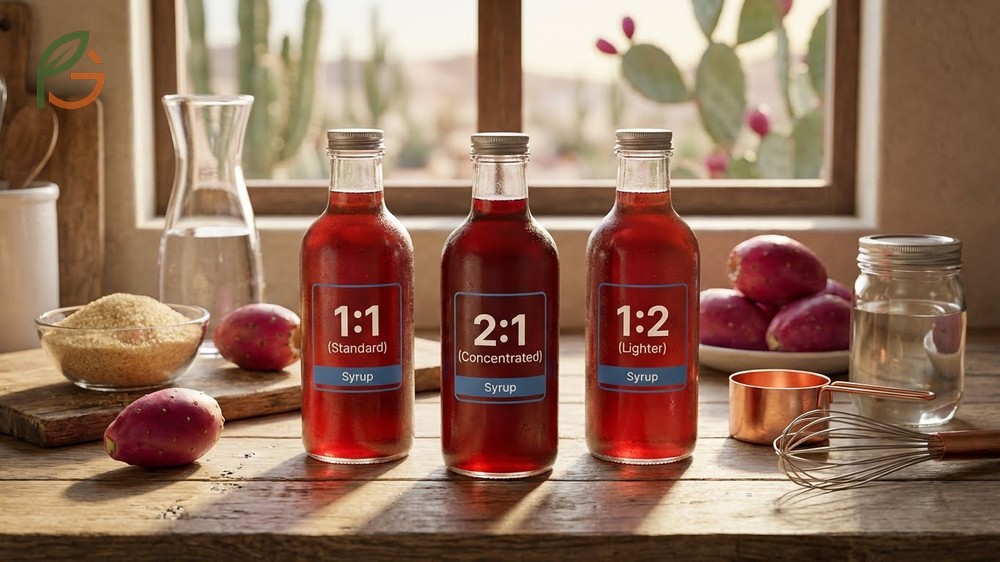 Prickly pear syrup recipe variations using a 2 to 1 sugar ratio last up to 12 weeks in refrigeration.
