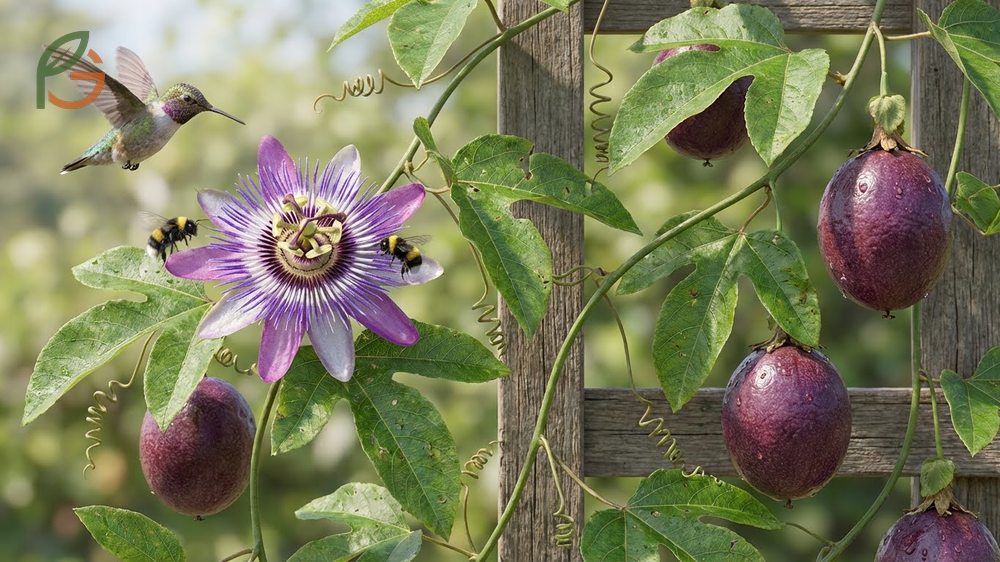 Purple passion flower fruit vines growing vigorously up to 20 feet with distinctive white and purple blooms.