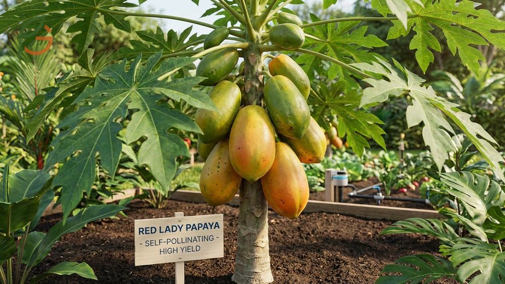 Red Lady papaya seed growing guide highlighting dwarf self pollinating trees that produce up to 120 fruits.