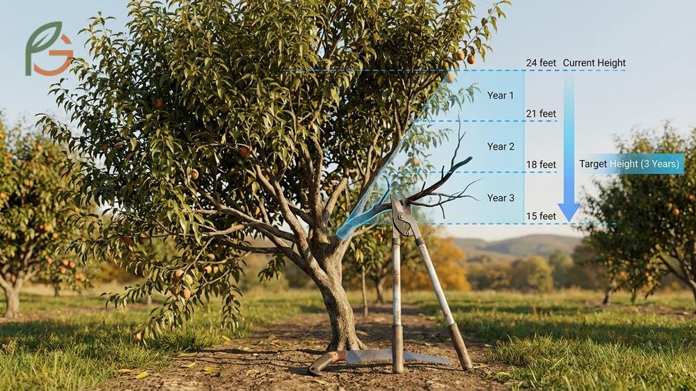 How to prune an overgrown peach tree requires a 3 year plan removing one third of height annually.