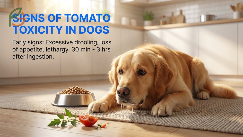 Signs of tomato toxicity in dogs include drooling and lethargy after eating green plants.