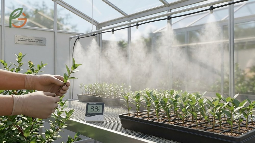 Softwood cutting method using new growth in late spring with mist systems for fast rooting.