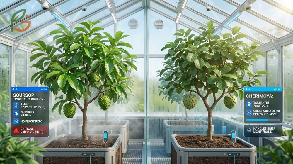 Growing requirements for soursop needing 22-25C annual temperatures while cherimoya requires 50-100 chill hours.