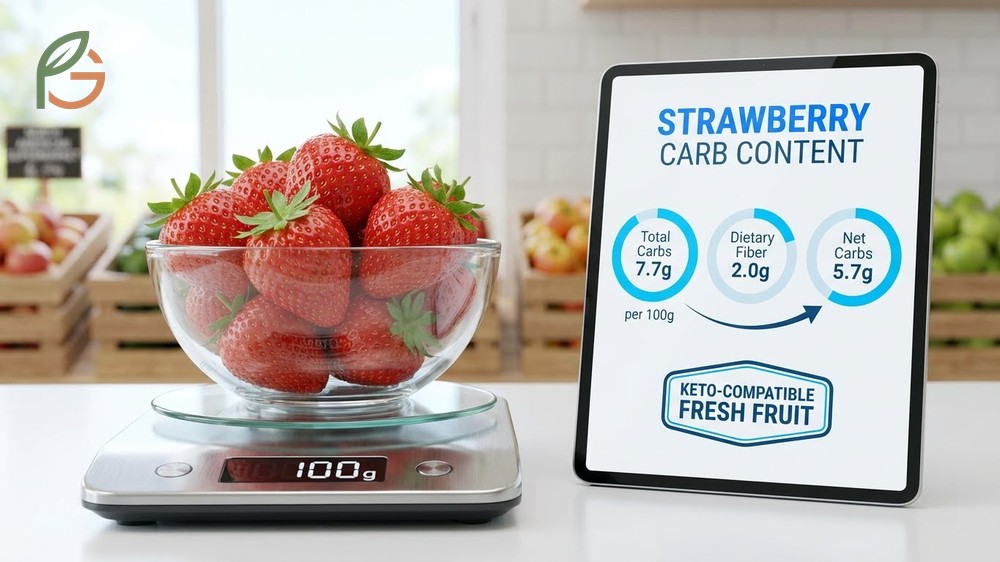 Nutritional breakdown of strawberries showing 7.7 grams of total carbs and 2 grams of fiber per 100 gram serving.