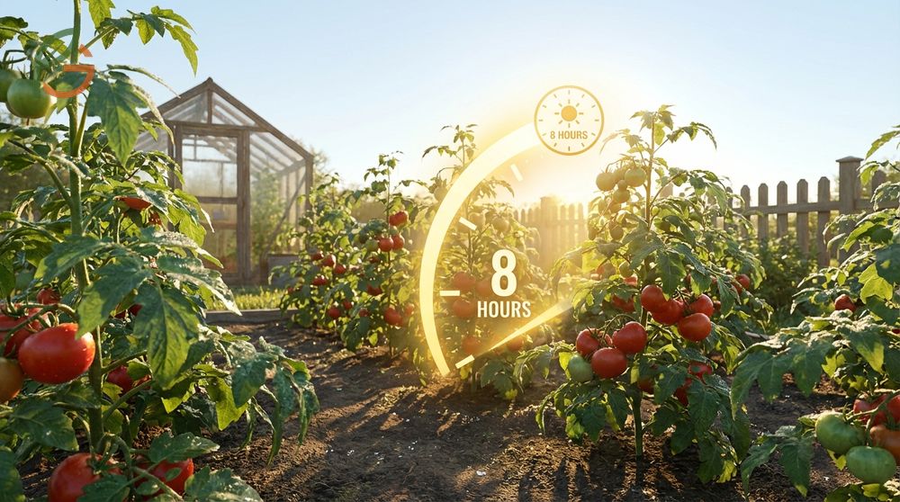 How much sunlight do tomato plants need showing eight hours of direct exposure for optimal fruit.