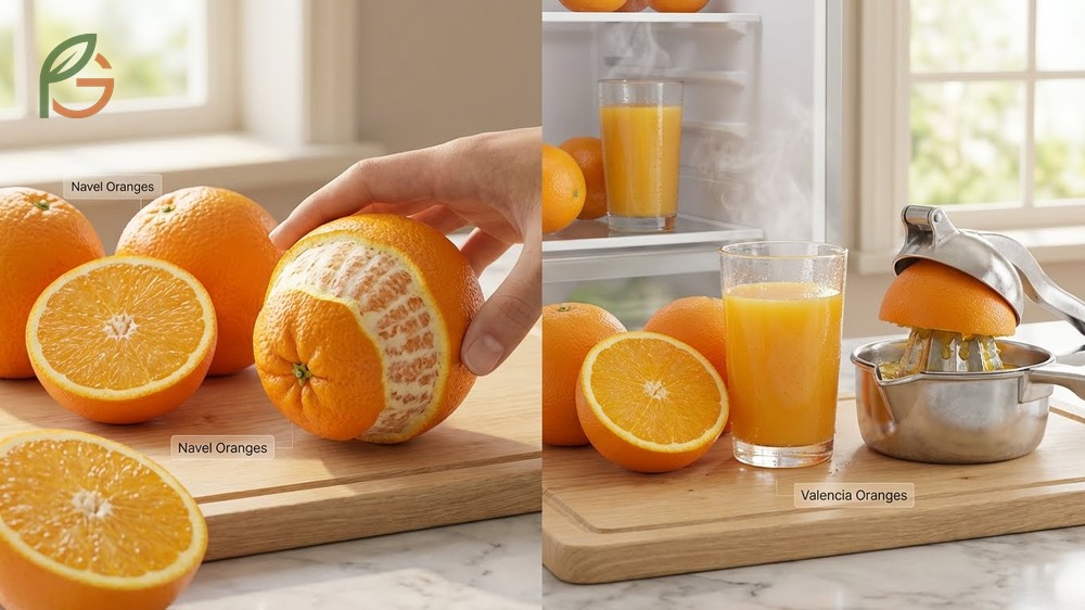 Valencia vs navel oranges comparison highlights Valencias for juicing and Navels for fresh eating.