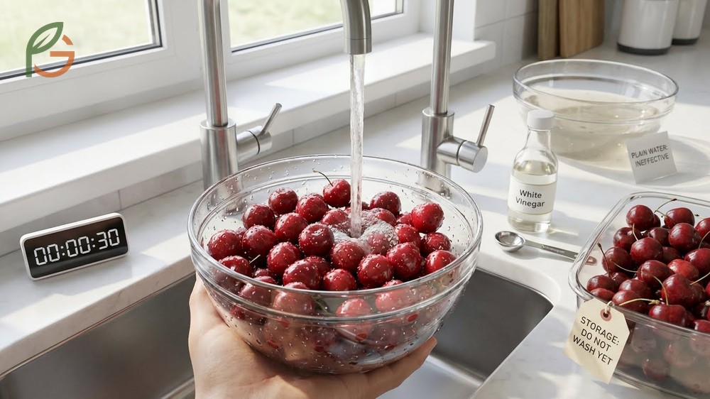 How to wash cherries effectively uses a vinegar solution to remove 98 percent of surface bacteria and pesticide residues.